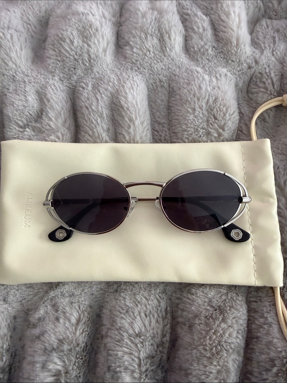 AUREUM Silver Metal Oval Sunglasses with Black Lenses